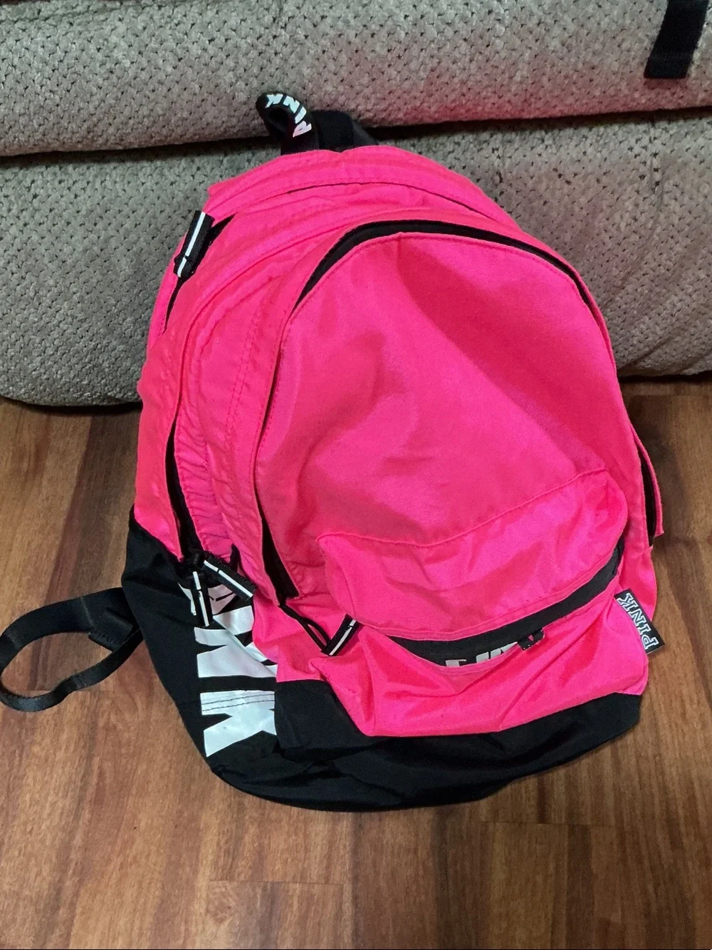 PINK Victoria's Secret Hot Pink and Black Backpack used